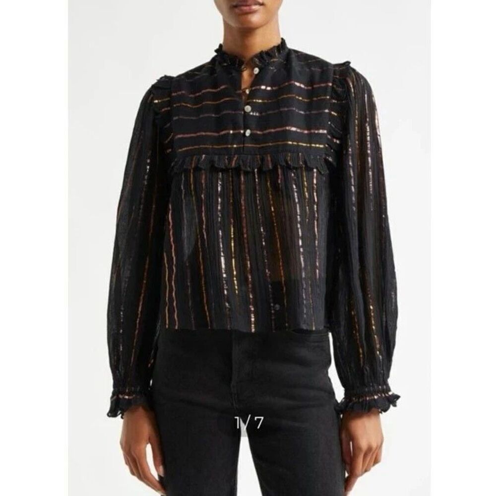 NWOT Farm Rio Metallic Stripe Ruffle Shirt in Black SZ S